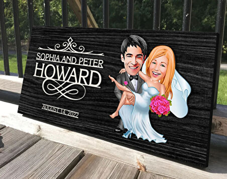 BK Gift Kişiye Özel Evleniyoruz Karikatürlü Antik Siyah (Ebony) Ahşap Tabela-9, Dekoratif Tabela, Rustik Ev Dekorasyonu, Duvar Dekoru