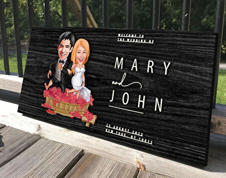 BK Gift Kişiye Özel Evleniyoruz Karikatürlü Antik Siyah (Ebony) Ahşap Tabela-10B, Dekoratif Tabela, Rustik Ev Dekorasyonu, Duvar Dekoru