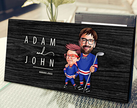 BK Gift Kişiye Özel Buz Hokeyi Baba Oğul Karikatürlü Antik Siyah (Ebony) Ahşap Tabela-1, Dekoratif Tabela, Rustik Ev Dekorasyonu, Duvar Dekoru