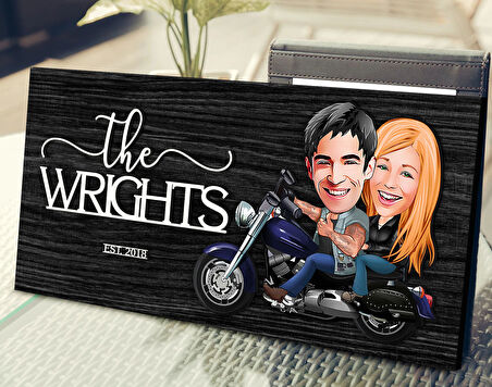 BK Gift Kişiye Özel Motorcu Sevgililer Karikatürlü Antik Siyah (Ebony) Ahşap Tabela-1, Dekoratif Tabela, Rustik Ev Dekorasyonu, Duvar Dekoru