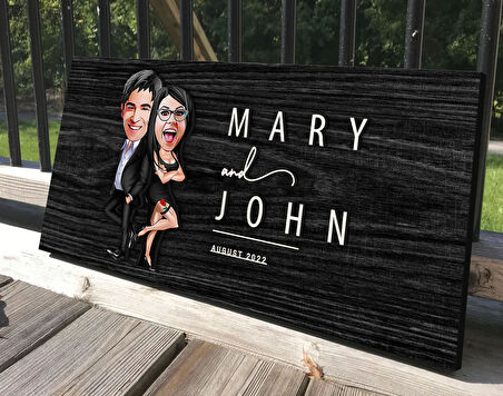 BK Gift Kişiye Özel Sevgililer Karikatürlü Antik Siyah (Ebony) Ahşap Tabela-6, Dekoratif Tabela, Rustik Ev Dekorasyonu, Duvar Dekoru