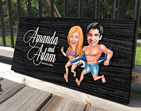 BK Gift Kişiye Özel Sevgililer Karikatürlü Antik Siyah (Ebony) Ahşap Tabela-8, Dekoratif Tabela, Rustik Ev Dekorasyonu, Duvar Dekoru