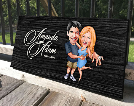 BK Gift Kişiye Özel Sevgililer Karikatürlü Antik Siyah (Ebony) Ahşap Tabela-14, Dekoratif Tabela, Rustik Ev Dekorasyonu, Duvar Dekoru