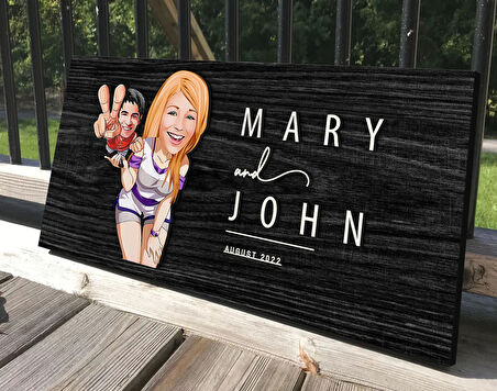BK Gift Kişiye Özel Sevgililer Karikatürlü Antik Siyah (Ebony) Ahşap Tabela-30, Dekoratif Tabela, Rustik Ev Dekorasyonu, Duvar Dekoru
