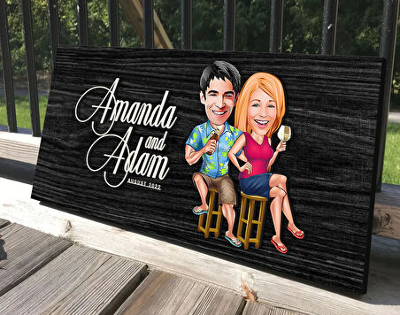 BK Gift Kişiye Özel Sevgililer Karikatürlü Antik Siyah (Ebony) Ahşap Tabela-51, Dekoratif Tabela, Rustik Ev Dekorasyonu, Duvar Dekoru