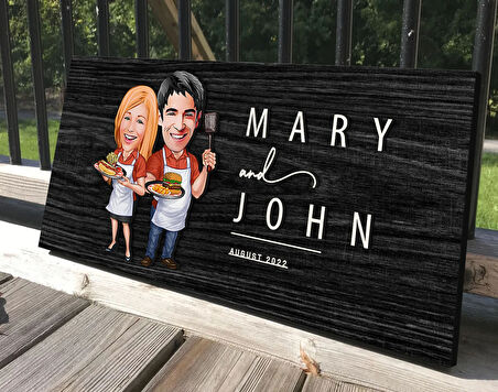 BK Gift Kişiye Özel Sevgililer Karikatürlü Antik Siyah (Ebony) Ahşap Tabela-57, Dekoratif Tabela, Rustik Ev Dekorasyonu, Duvar Dekoru