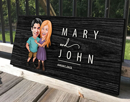 BK Gift Kişiye Özel Sevgililer Karikatürlü Antik Siyah (Ebony) Ahşap Tabela-80, Dekoratif Tabela, Rustik Ev Dekorasyonu, Duvar Dekoru