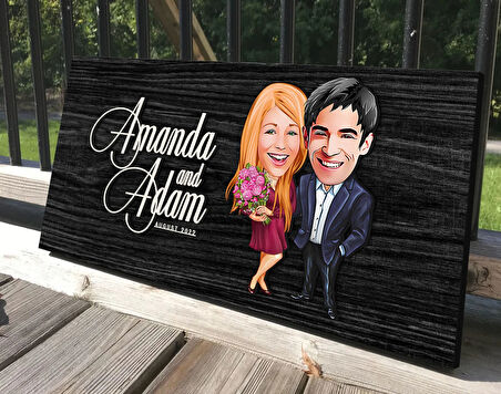 BK Gift Kişiye Özel Sevgililer Karikatürlü Antik Siyah (Ebony) Ahşap Tabela-94, Dekoratif Tabela, Rustik Ev Dekorasyonu, Duvar Dekoru