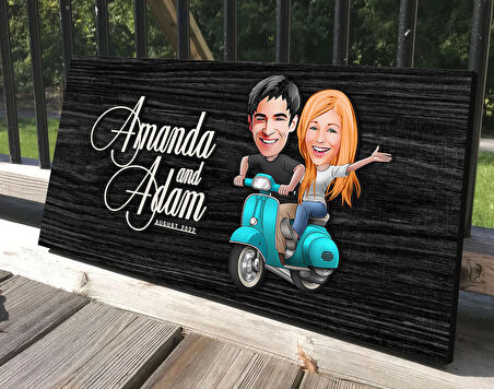 BK Gift Kişiye Özel Sevgililer Karikatürlü Antik Siyah (Ebony) Ahşap Tabela-99, Dekoratif Tabela, Rustik Ev Dekorasyonu, Duvar Dekoru