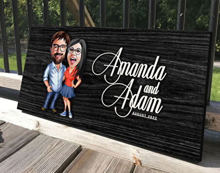 BK Gift Kişiye Özel Sevgililer Karikatürlü Antik Siyah (Ebony) Ahşap Tabela-105, Dekoratif Tabela, Rustik Ev Dekorasyonu, Duvar Dekoru