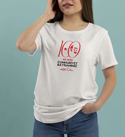 BK Gift 29 Ekim Tasarımlı Kadın Beyaz T-shirt-7, Arkadaşa Hediye, 29 Ekim Hediyesi Hediyesi, Trend Tişört, 100.Yıl Hediyesi