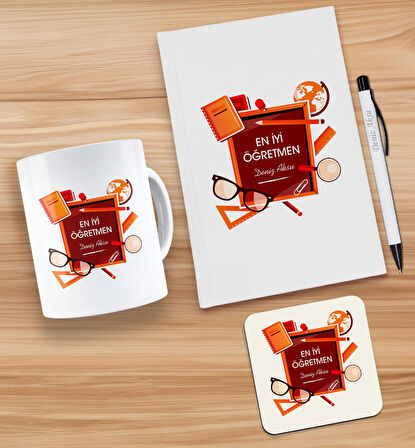 BK Gift Kişiye Özel İsimli Öğretmenler Günü Tasarımlı Beyaz Defter, Tükenmez Kalem, Kupa ve Bardak A