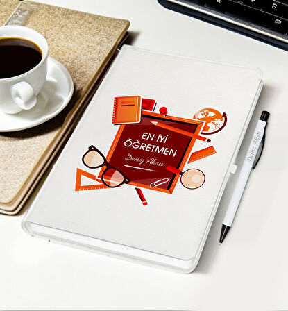 BK Gift Kişiye Özel İsimli Öğretmenler Günü Tasarımlı Beyaz Defter, Tükenmez Kalem, Kupa ve Bardak A