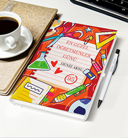 BK Gift Kişiye Özel İsimli Öğretmenler Günü Tasarımlı Beyaz Defter, Tükenmez Kalem, Kupa ve Bardak A