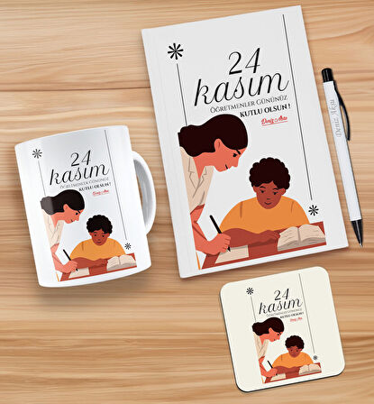 BK Gift Kişiye Özel İsimli Öğretmenler Günü Tasarımlı Beyaz Defter, Tükenmez Kalem, Kupa ve Bardak A