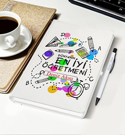 BK Gift Kişiye Özel İsimli Öğretmenler Günü Tasarımlı Beyaz Defter, Tükenmez Kalem, Kupa ve Bardak A