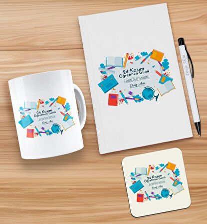 BK Gift Kişiye Özel İsimli Öğretmenler Günü Tasarımlı Beyaz Defter, Tükenmez Kalem, Kupa ve Bardak A