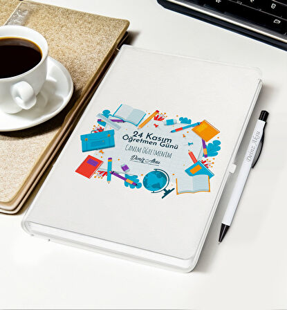 BK Gift Kişiye Özel İsimli Öğretmenler Günü Tasarımlı Beyaz Defter, Tükenmez Kalem, Kupa ve Bardak A