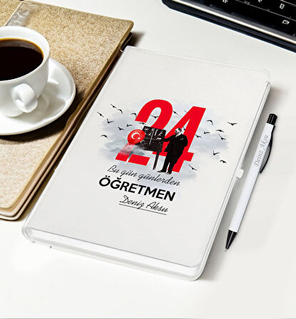 BK Gift Kişiye Özel İsimli Öğretmenler Günü Tasarımlı Beyaz Defter, Tükenmez Kalem, Kupa ve Bardak A