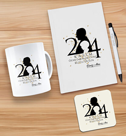 BK Gift Kişiye Özel İsimli Öğretmenler Günü Tasarımlı Beyaz Defter, Tükenmez Kalem, Kupa ve Bardak A