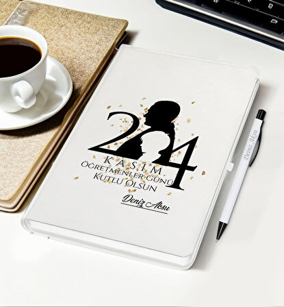 BK Gift Kişiye Özel İsimli Öğretmenler Günü Tasarımlı Beyaz Defter, Tükenmez Kalem, Kupa ve Bardak A