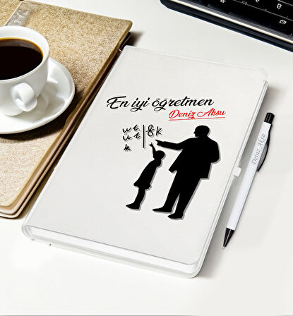 BK Gift Kişiye Özel İsimli Öğretmenler Günü Tasarımlı Beyaz Defter, Tükenmez Kalem, Kupa ve Bardak A