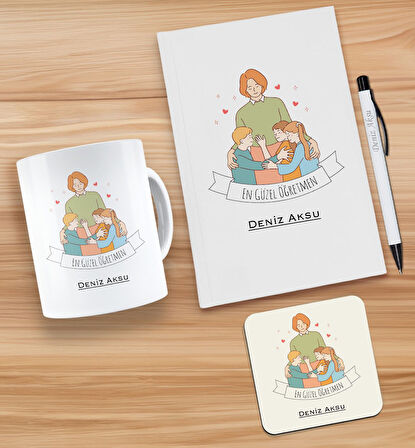 BK Gift Kişiye Özel İsimli Öğretmenler Günü Tasarımlı Beyaz Defter, Tükenmez Kalem, Kupa ve Bardak A