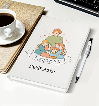 BK Gift Kişiye Özel İsimli Öğretmenler Günü Tasarımlı Beyaz Defter, Tükenmez Kalem, Kupa ve Bardak A