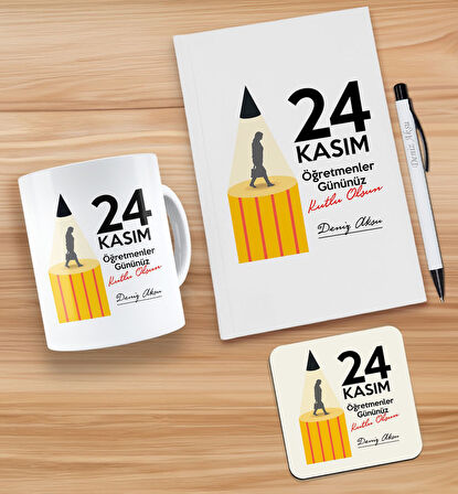 BK Gift Kişiye Özel İsimli Öğretmenler Günü Tasarımlı Beyaz Defter, Tükenmez Kalem, Kupa ve Bardak A