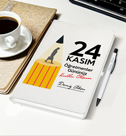 BK Gift Kişiye Özel İsimli Öğretmenler Günü Tasarımlı Beyaz Defter, Tükenmez Kalem, Kupa ve Bardak A