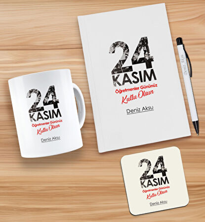 BK Gift Kişiye Özel İsimli Öğretmenler Günü Tasarımlı Beyaz Defter, Tükenmez Kalem, Kupa ve Bardak A