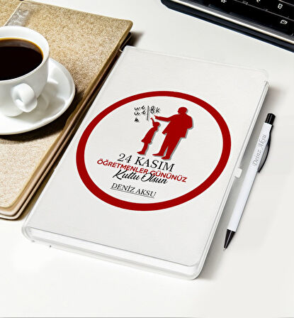 BK Gift Kişiye Özel İsimli Öğretmenler Günü Tasarımlı Beyaz Defter, Tükenmez Kalem, Kupa ve Bardak A