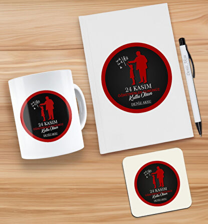 BK Gift Kişiye Özel İsimli Öğretmenler Günü Tasarımlı Beyaz Defter, Tükenmez Kalem, Kupa ve Bardak A