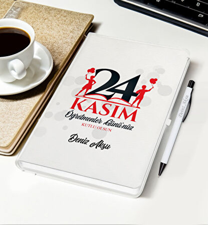 BK Gift Kişiye Özel İsimli Öğretmenler Günü Tasarımlı Beyaz Defter, Tükenmez Kalem, Kupa ve Bardak A