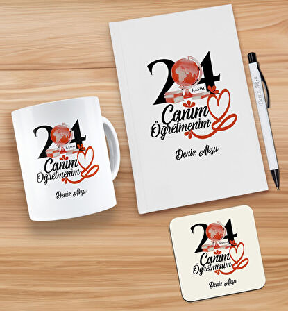 BK Gift Kişiye Özel İsimli Öğretmenler Günü Tasarımlı Beyaz Defter, Tükenmez Kalem, Kupa ve Bardak A