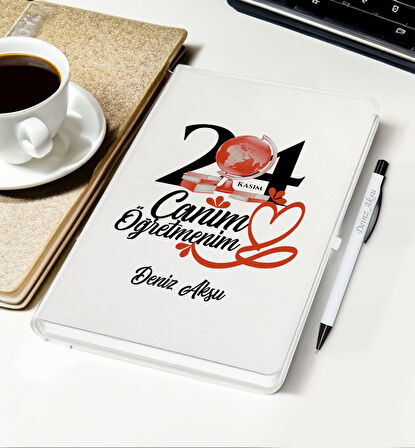 BK Gift Kişiye Özel İsimli Öğretmenler Günü Tasarımlı Beyaz Defter, Tükenmez Kalem, Kupa ve Bardak A