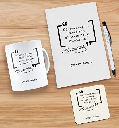 BK Gift Kişiye Özel İsimli Öğretmenler Günü Tasarımlı Beyaz Defter, Tükenmez Kalem, Kupa ve Bardak A