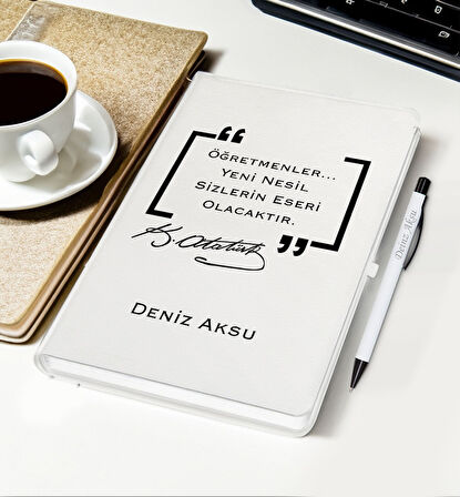 BK Gift Kişiye Özel İsimli Öğretmenler Günü Tasarımlı Beyaz Defter, Tükenmez Kalem, Kupa ve Bardak A