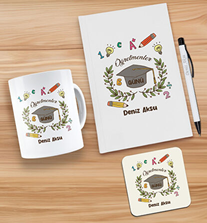 BK Gift Kişiye Özel İsimli Öğretmenler Günü Tasarımlı Beyaz Defter, Tükenmez Kalem, Kupa ve Bardak A