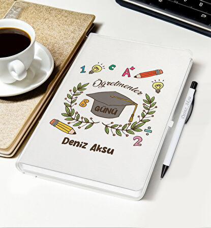 BK Gift Kişiye Özel İsimli Öğretmenler Günü Tasarımlı Beyaz Defter, Tükenmez Kalem, Kupa ve Bardak A