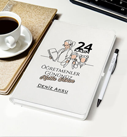 BK Gift Kişiye Özel İsimli Öğretmenler Günü Tasarımlı Beyaz Defter, Tükenmez Kalem, Kupa ve Bardak A