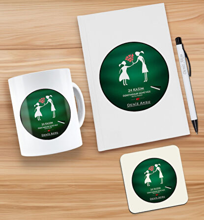 BK Gift Kişiye Özel İsimli Öğretmenler Günü Tasarımlı Beyaz Defter, Tükenmez Kalem, Kupa ve Bardak A