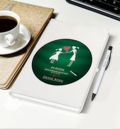 BK Gift Kişiye Özel İsimli Öğretmenler Günü Tasarımlı Beyaz Defter, Tükenmez Kalem, Kupa ve Bardak A