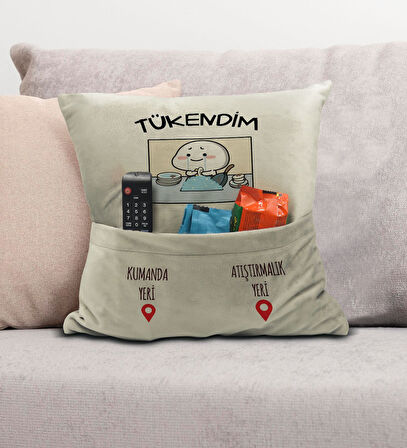 BK Gift Eğlenceli Tasarımlı Organizer Kumanda ve Atıştırmalık Cepli Krem Kırlent Yastık- 3, Ev Dekor