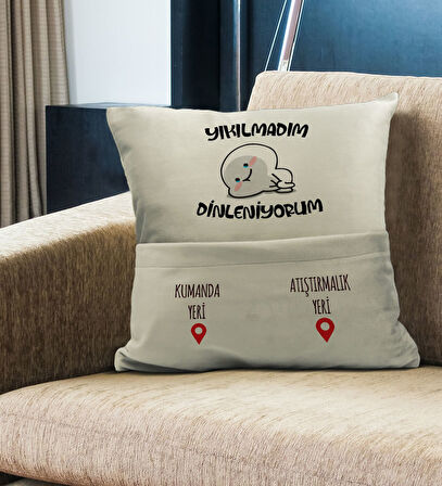 BK Gift Eğlenceli Tasarımlı Organizer Kumanda ve Atıştırmalık Cepli Krem Kırlent Yastık- 5, Ev Dekor