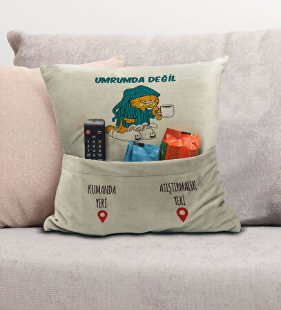 BK Gift Eğlenceli Tasarımlı Organizer Kumanda ve Atıştırmalık Cepli Krem Kırlent Yastık- 6, Ev Dekor