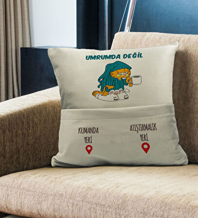 BK Gift Eğlenceli Tasarımlı Organizer Kumanda ve Atıştırmalık Cepli Krem Kırlent Yastık- 6, Ev Dekor