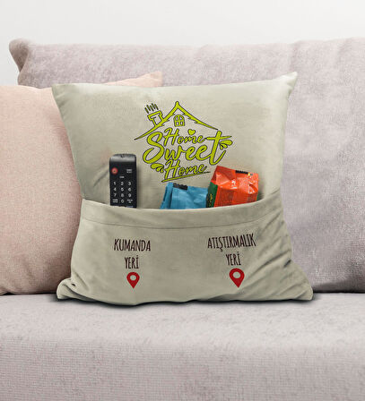 BK Gift Eğlenceli Tasarımlı Organizer Kumanda ve Atıştırmalık Cepli Krem Kırlent Yastık- 8, Ev Dekor