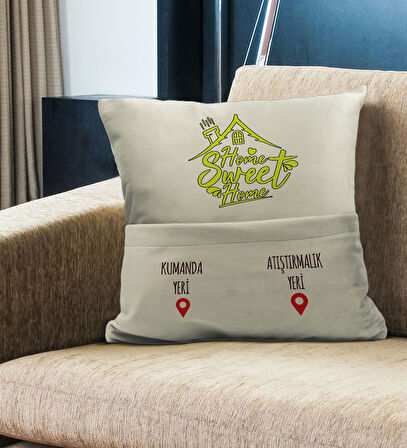 BK Gift Eğlenceli Tasarımlı Organizer Kumanda ve Atıştırmalık Cepli Krem Kırlent Yastık- 8, Ev Dekor