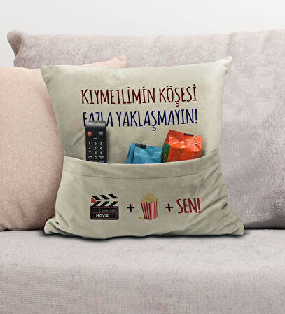 BK Gift Eğlenceli Tasarımlı Organizer Kumanda ve Atıştırmalık Cepli Krem Kırlent Yastık- 9, Ev Dekor
